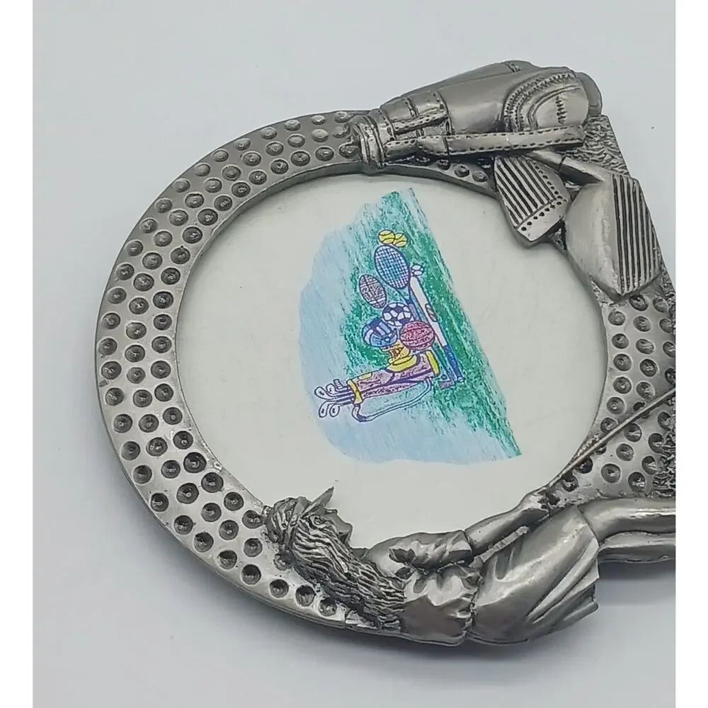 Round Golf Ball Pewter Picture Frame Figural Woman Golfing Clubs Bag Small